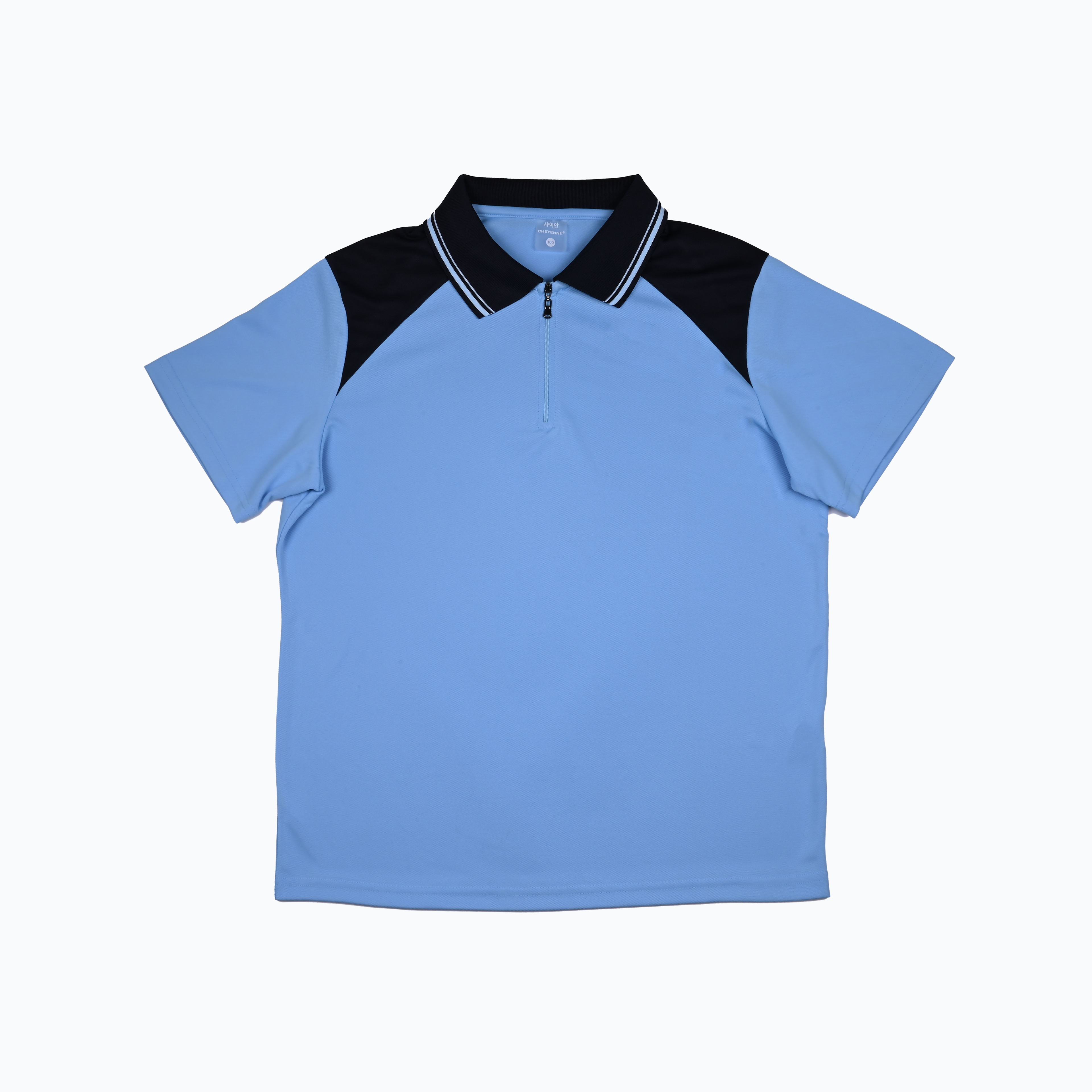 네이비 숄더 반집업 카라 반팔티셔츠